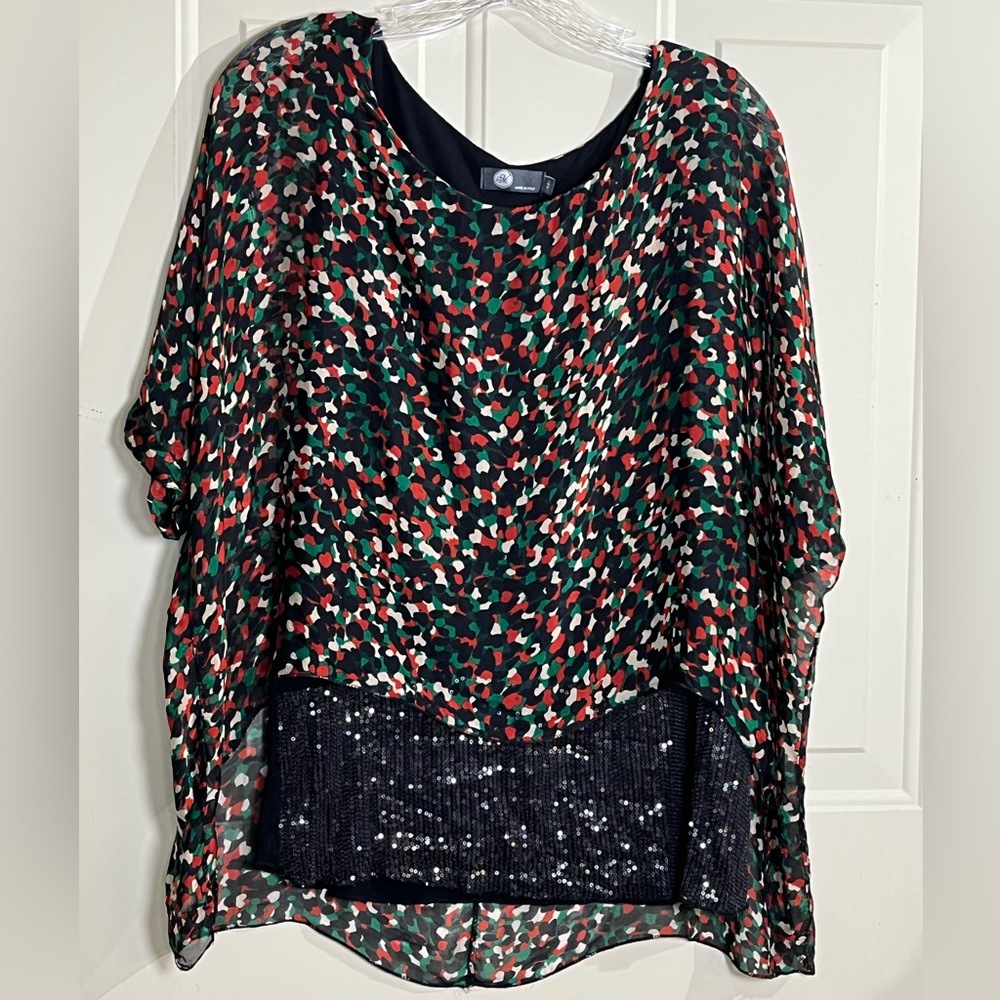 Made in Italy Silk Blend Sheer Sequin Hem Blouse Top Multicolor M